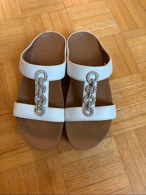Women’s White Slide Sandals with Crystal Accent